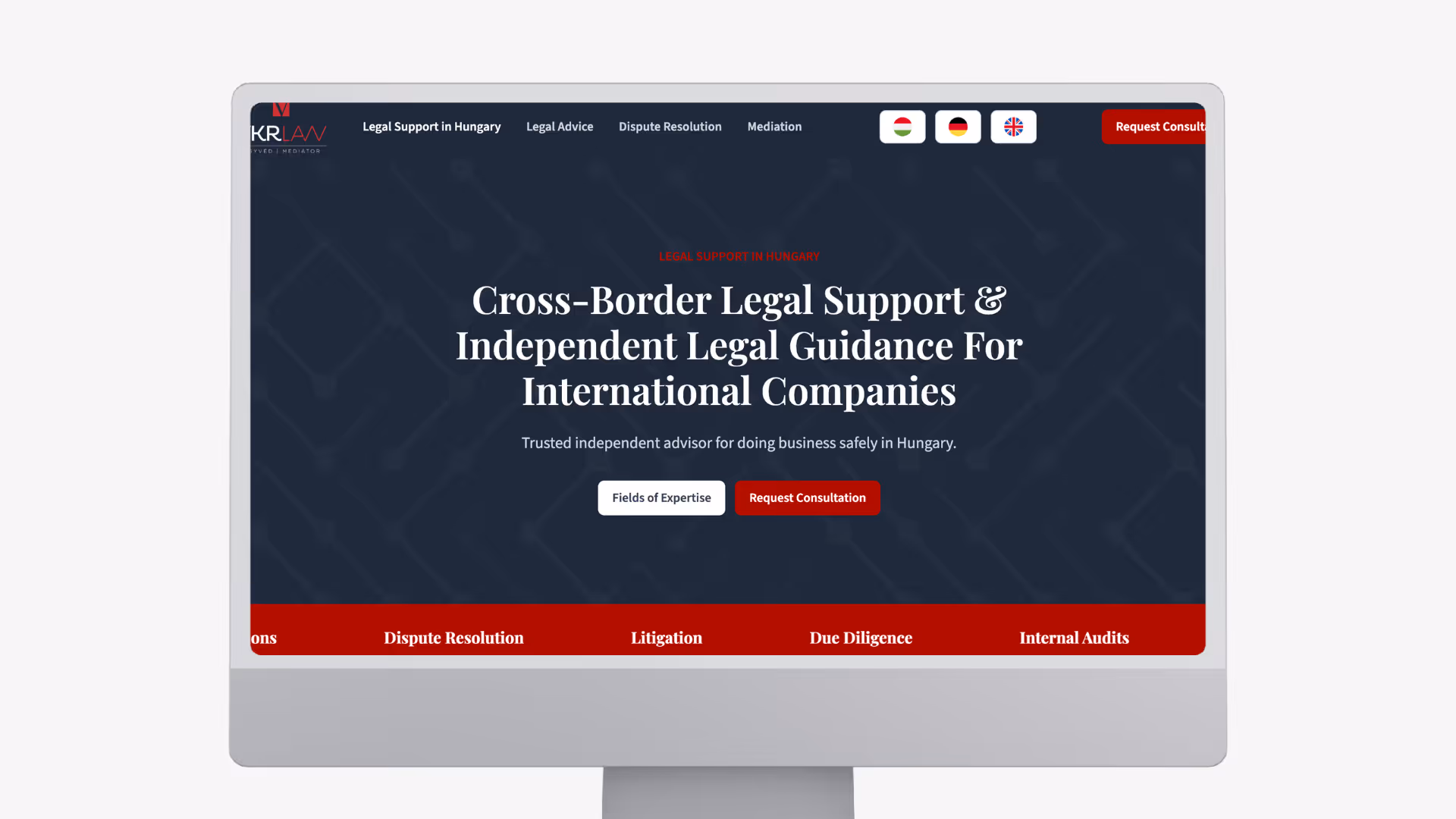 Website homepage offering cross-border legal support and independent guidance for international companies in Hungary.