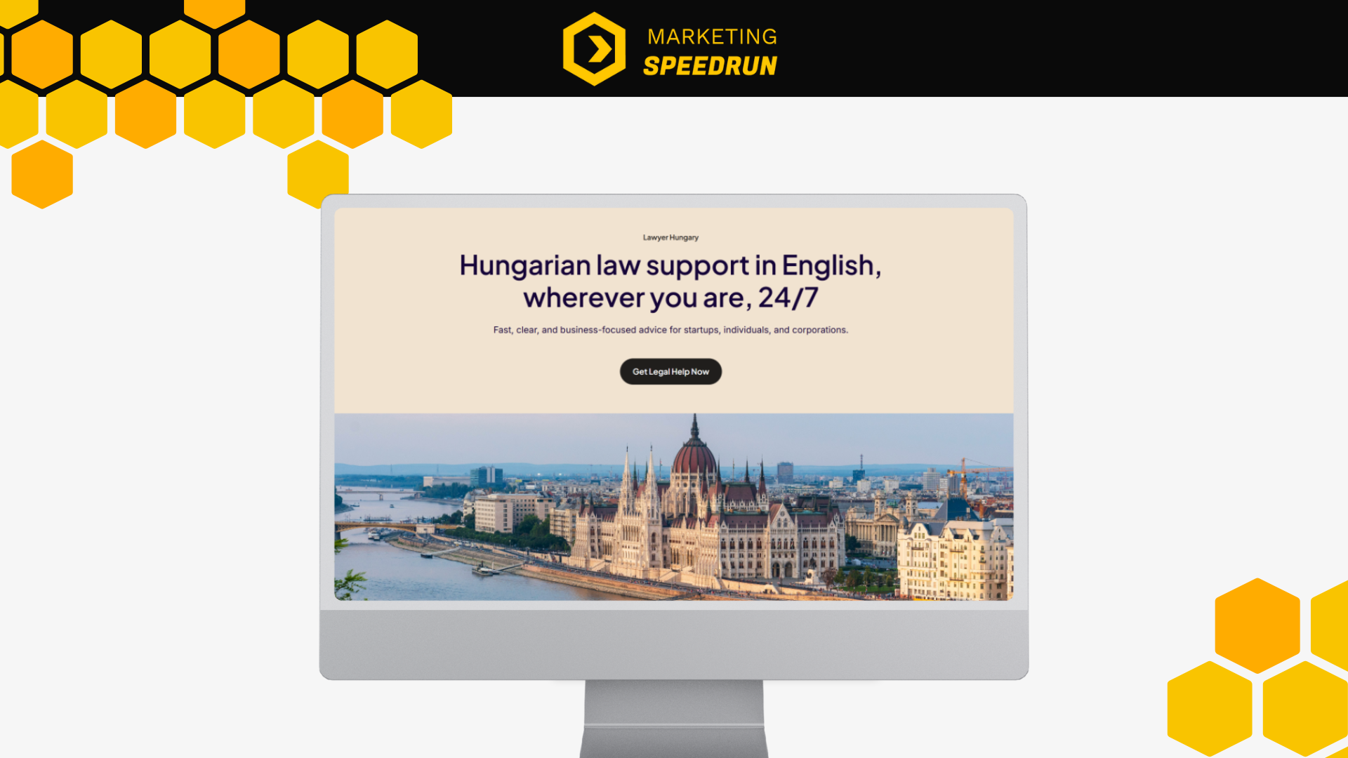 Computer screen showing a website offering 24/7 Hungarian law support in English with a photo of the Hungarian Parliament building.
