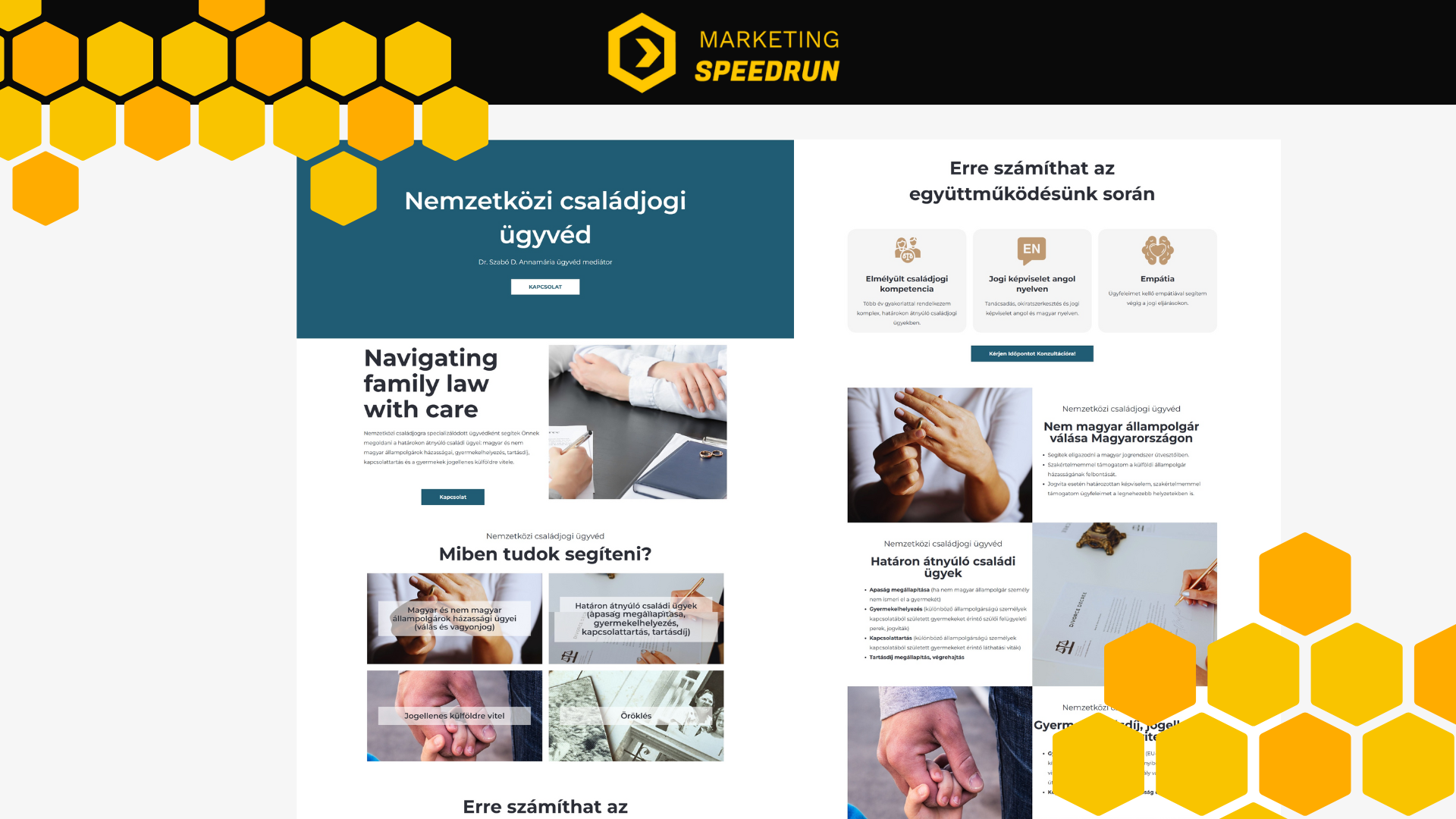 Website homepage for an international family law attorney with sections about legal services, empathy, English representation, and family law topics.