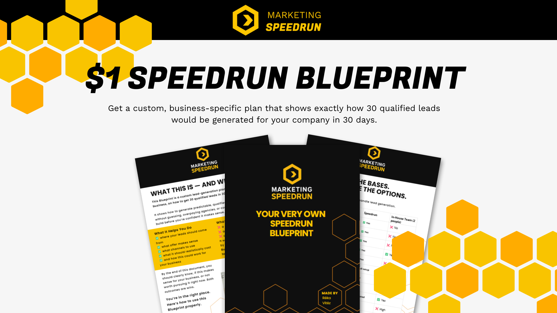 Marketing Speedrun $1 Speedrun Blueprint cover with a custom business lead generation plan and informational pages shown behind.