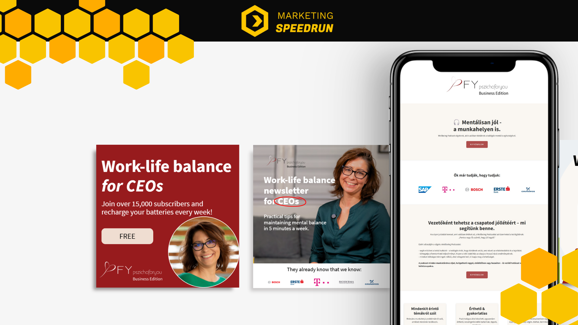 Marketing Speedrun banner featuring work-life balance content for CEOs with a smiling woman and a mobile phone displaying related wellbeing podcast information.